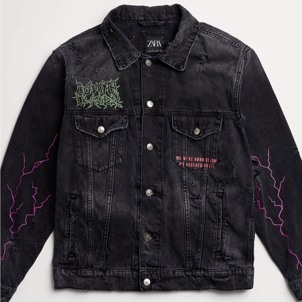 Zara Black Denim Jacket with Pink and Green Accents